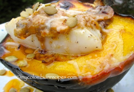 Spicy Cod Fillet with Coconut-Squash Sauce Over Roasted Acorn Squash