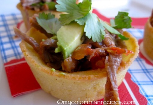 Arepa Bites with Shredded Beef and Avocado