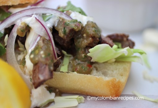 Beef with Lemon Aioli and Tomatillo Sauce Sandwich