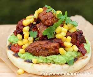 Arepa with Beef a la Criolla and Avocado