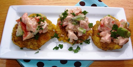 Patacones con Camarones Y Aguacate or Green Plantains with Shrimp