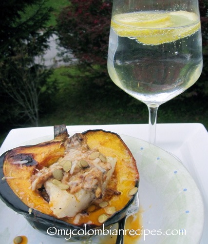 Spicy Cod Fillet with Coconut-Squash Sauce Over Roasted Acorn Squash