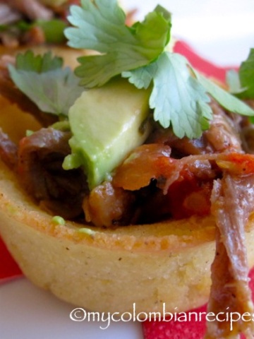 Arepa Bites with Shredded Beef and Avocado