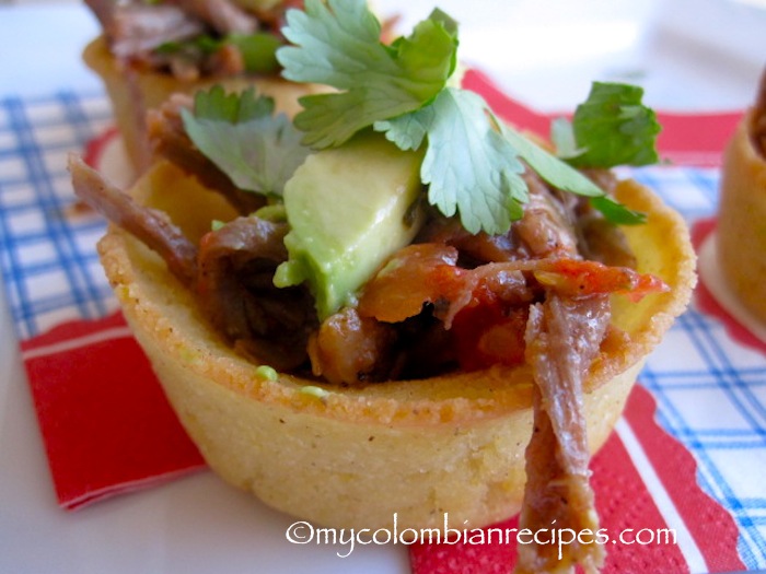 Arepa Bites with Shredded Beef and Avocado