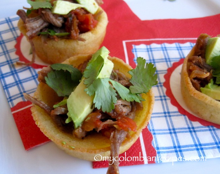 Arepa Bites with Shredded Beef and Avocado