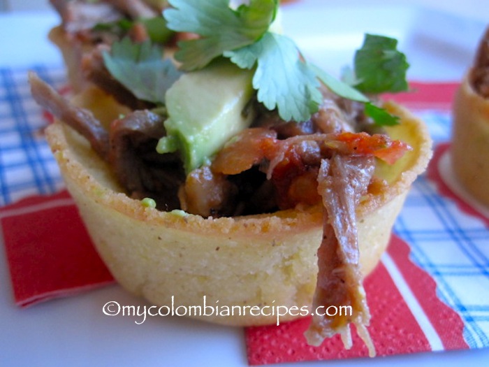 Arepa Bites with Shredded Beef and Avocado