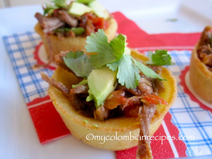 Arepa Bites with Shredded Beef and Avocado