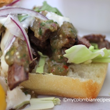 Beef with Lemon Aioli and Tomatillo Sauce Sandwich