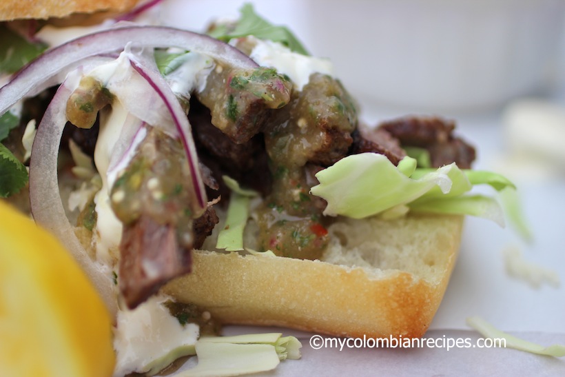 Beef with Lemon Aioli and Tomatillo Sauce Sandwich