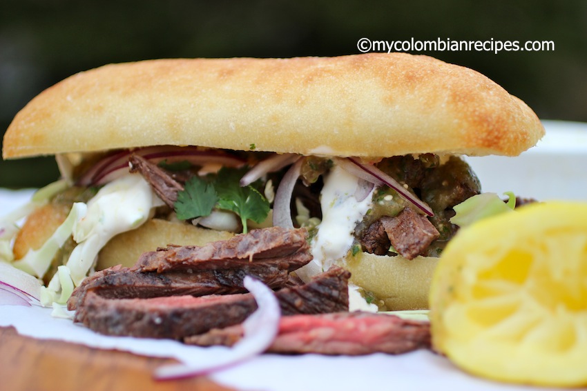 Beef with Lemon Aioli and Tomatillo Sauce Sandwich