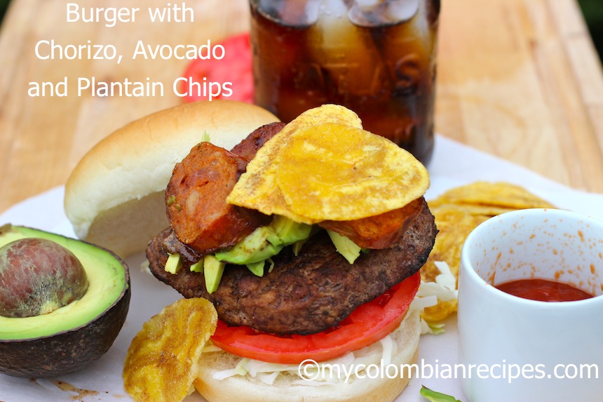 Burger with Chorizo, Avocado and Plantain Chips 