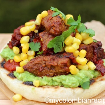 Arepa with Beef a la Criolla and Avocado