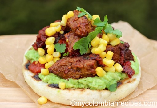 Arepa with Beef a la Criolla and Avocado