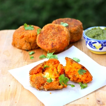 Sweetpotato, Chorizo and Cheese Cakes with Cilantro Sauce