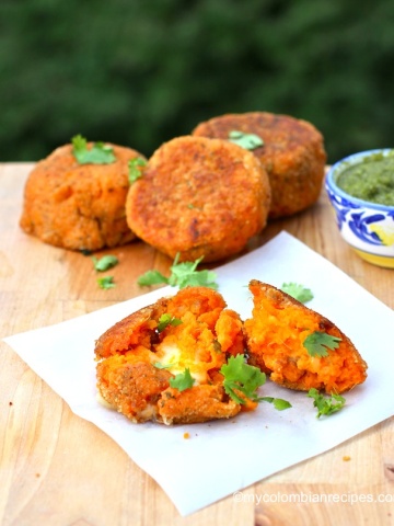 Sweetpotato, Chorizo and Cheese Cakes with Cilantro Sauce