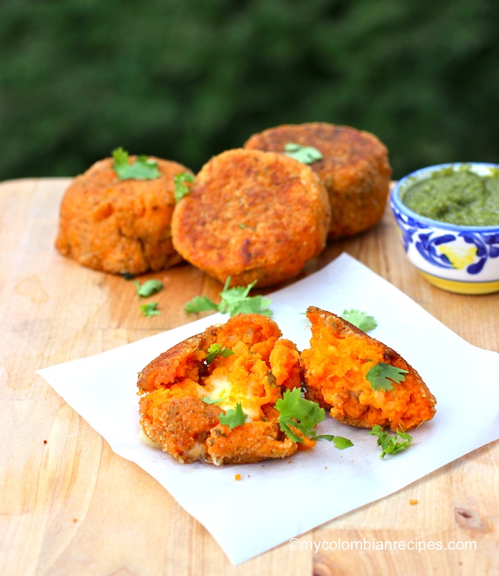 Sweetpotato, Chorizo and Cheese Cakes with Cilantro Sauce