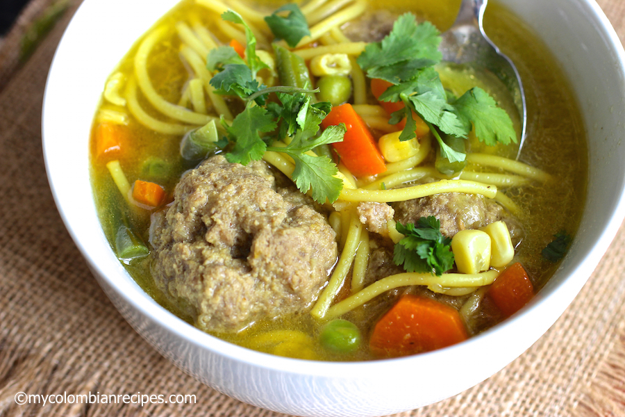 Sopa de Fideos con Albóndigas (Spaghetti and Meatballs Soup) |mycolombianrecipes.com