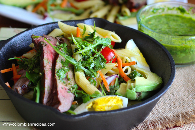 Penne Pasta, Steak and Chimichurri Salad|mycolombianrecipes.com