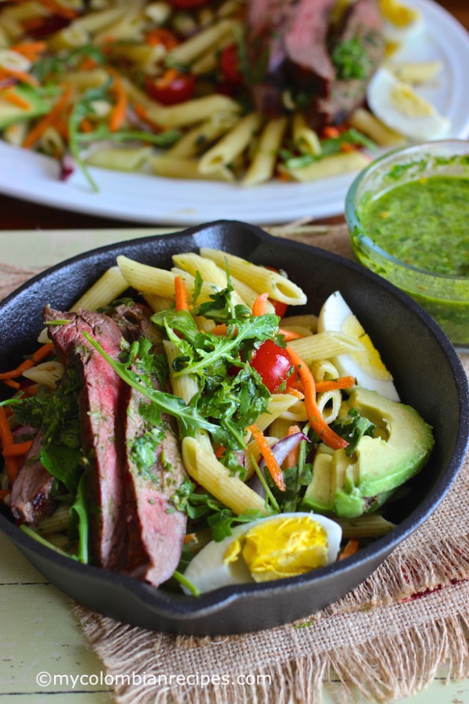 Penne Pasta, Steak and Chimichurri Salad|mycolombianrecipes.com