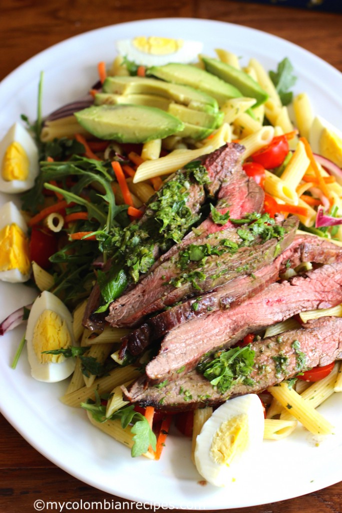 Penne Pasta, Steak and Chimichurri Salad mycolombianrecipes.com