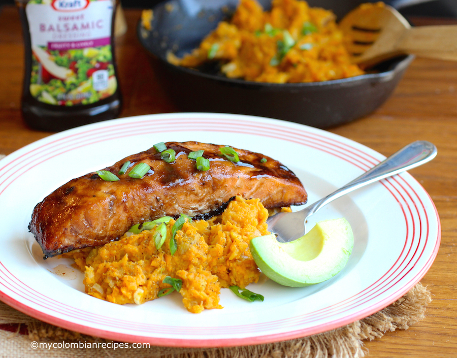 Sweet Balsamic Salmon with Mashed Sweet Potato and Plantain 