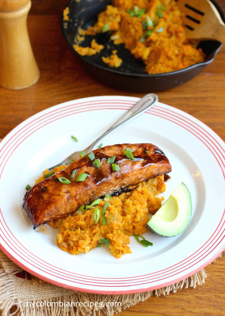 Sweet Balsamic Salmon with Mashed Sweet Potato and Plantain 