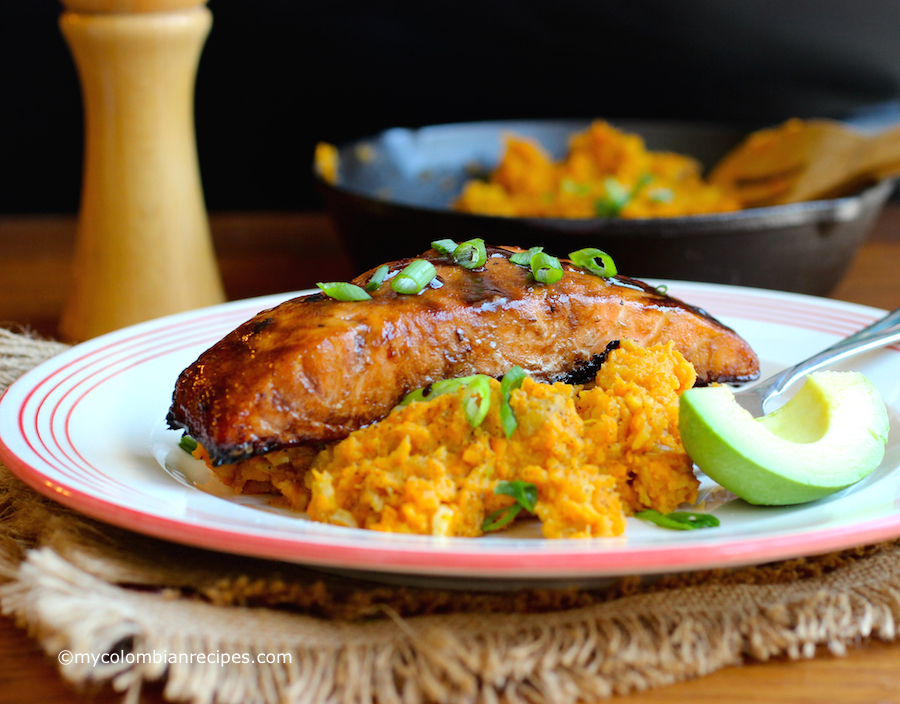 Sweet Balsamic Salmon with Mashed Sweet Potato and Plantain 