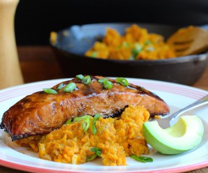 Sweet Balsamic Salmon with Mashed Sweet Potato and Plantain |mycolombianrecipes.com