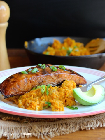 Sweet Balsamic Salmon with Mashed Sweet Potato and Plantain |mycolombianrecipes.com