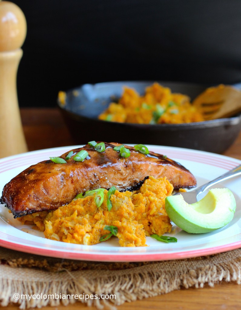 Sweet Balsamic Salmon with Mashed Sweet Potato and Plantain  |mycolombianrecipes.com