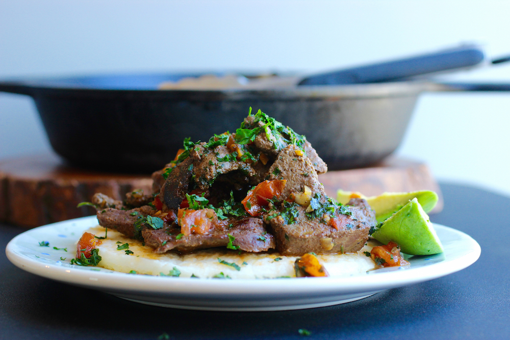 Arepa with Liver in Creole Sauce