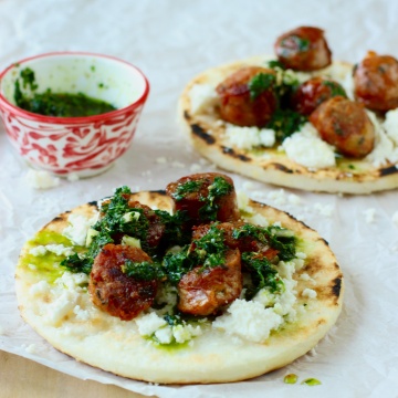 Arepa with Chorizo, Cheese and Chimichurri