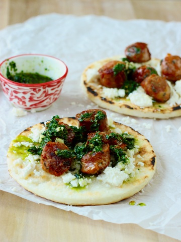 Arepa with Chorizo, Cheese and Chimichurri